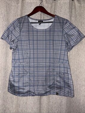 Jaanuu limited edition Blue grey Plaid Short-Sleeve peplum Women's scrub Top